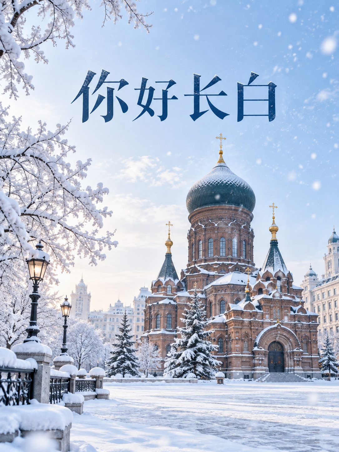 哈尔滨冬季雪景与圣索菲亚教堂